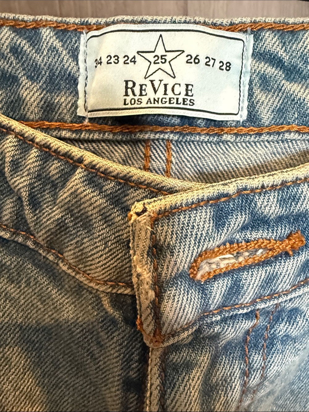 REVICE low rise wide leg Light Blue Denim Jeans with Orange Stitching - Picture 4 of 6